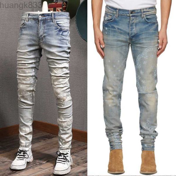 

men painted elastic jeans denim cotton trousers man fashion new slim fit stretch effect, Blue