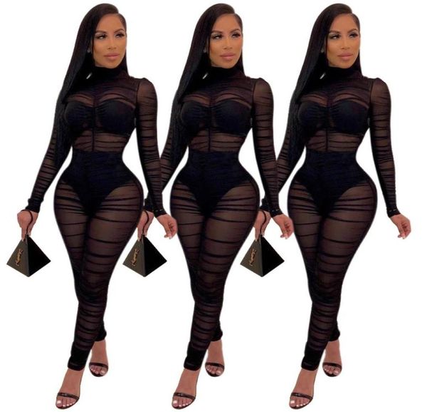 

designer women jumpsuits sheer solid black oneck full sleeve rompers mesh perspective night club party one piece fitnes8082480, Black;white