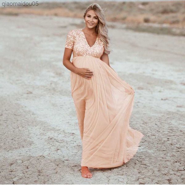 

fashion women pregnants dress maternity clothes pgraphy props short sleeve beach sequined solid dress maternity dresses l230712, White