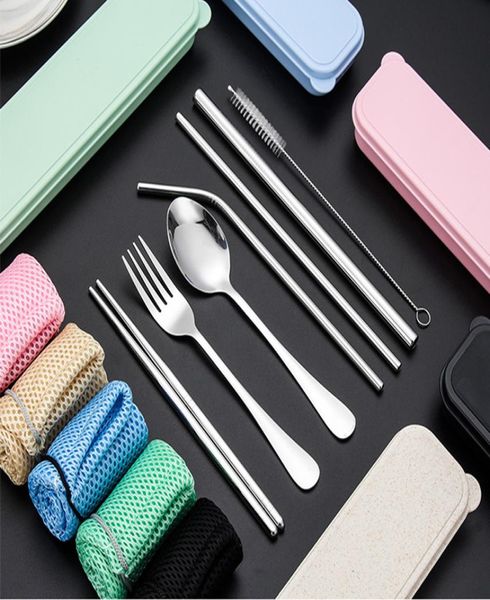 

stainless steel flatware set portable cutlery set for outdoor travel picnic dinnerware set metal straw with box and bag kitchen ut4012090