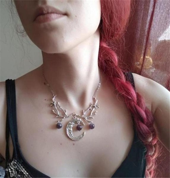 

purple crescent moon branches necklace witch pendant fantasy forest jewelry gothic twig jewellery wedding wicca necklaces9588972, Silver
