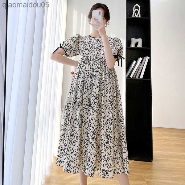 

summer fashion maternity long dress short sleeve printed a line loose clothes for pregnant women high waist pregnancy dresses l230712, White