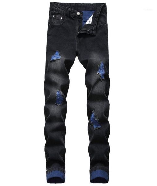 

fashion men039s straight slim fit ripped jeans black distressed male denim trousers homme blue pants5523407