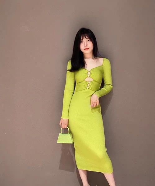 

new s-elf- portrait fruit green knitted square neck slim fit retro banquet dress, Black;gray