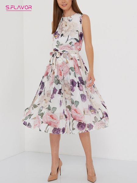 

basic casual dresses s. flavor women's summer o-neck sleeveless dress floral print retro midi vesidos de bohemian style a-line sundress, Black;gray