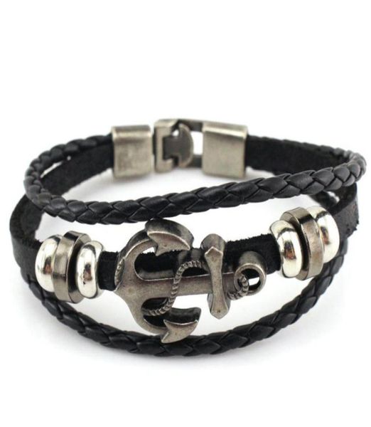 

vintage men039s handmade retro leather bracelet navy wind handwoven anchor leather alloy woven bracelets 3 colors 12pcslot 75120292122015, Golden;silver
