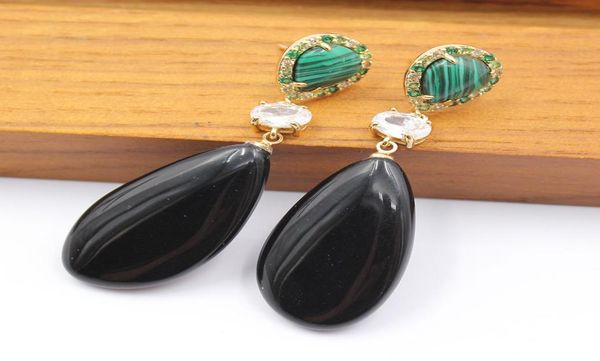

guaiguai jewelry natural black onyx clear crystal green malachite stud dangle earrings handmade for women lady fashion gift6307674, Silver
