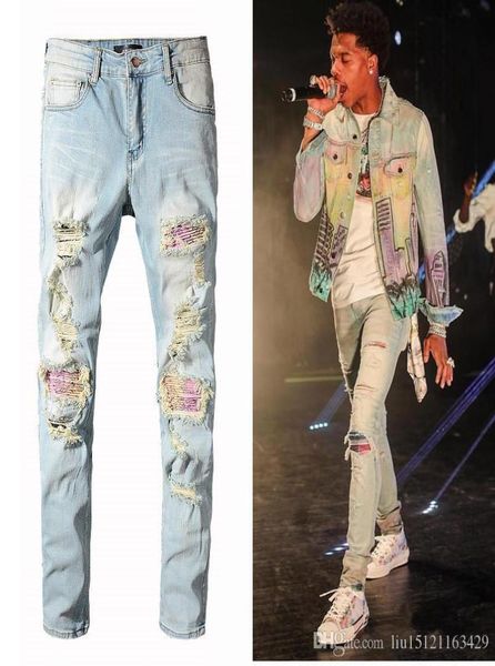 

20 mens distressed ripped biker jeans slim fit motorcycle biker denim for men fashion designer hip hop street mens jeans size 2844677933, Blue
