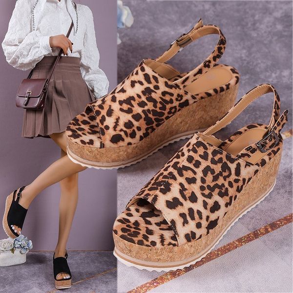 

sandals women leopard wedges shoes high heels platform casual wedge peep toe retro 230711, Black