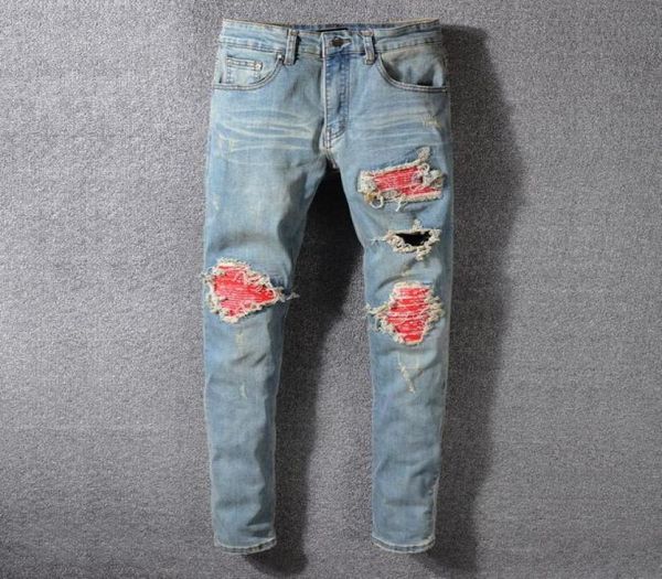 

mens plated ripped blue skinny jeans fashion designer distressed slim fit motorcycle biker hole beggar hip hop denim pants 5524025722