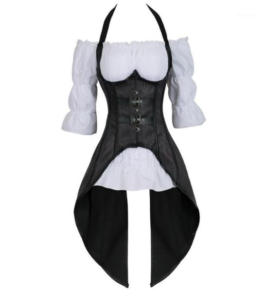 

steampunk corset striped long straps bustier vest with white gothic blouse plus size burlesque costume two pieces korsett18455044, Black;white