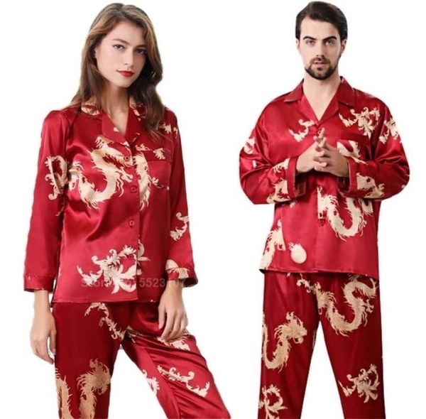 

women silk satin pajamas set 2pcs full sleeve trousers chinese style year dragon print lounge men couple039s pyjamas pjs 211288526, Black;red