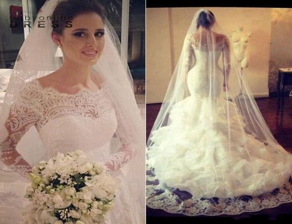 

gorgeous lace mermaid wedding dresses modest long sleeve appliques bridal gowns with button covered back long train robe de mariee8563261, White