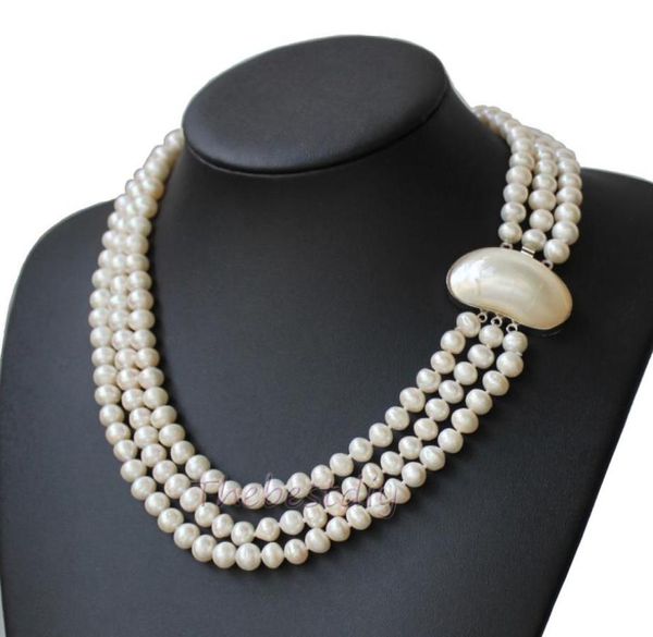 

3 row round freshwater pearl necklace christmas4244023, Silver
