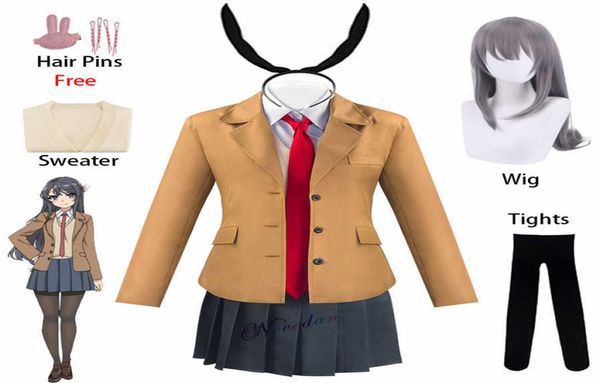 

anime sakurajima mai cosplay seishun buta yarou wa bunny girl women school uniform wig halloween costume party suit ears q08219306217, Black;red