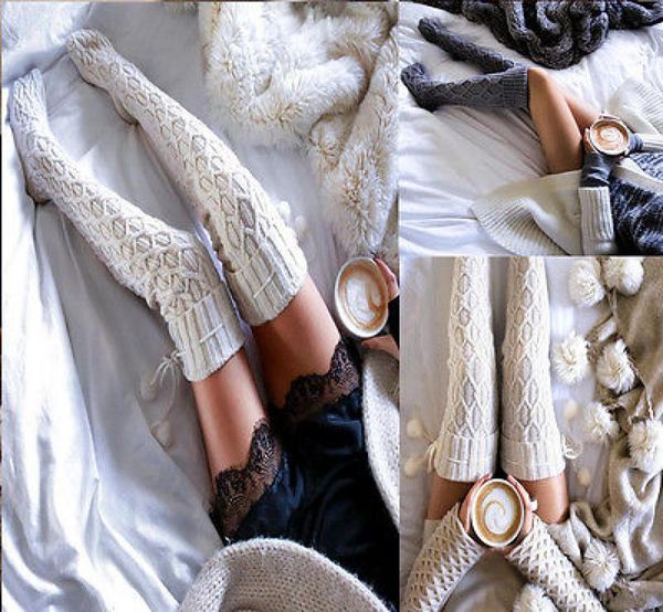 

new women cable knit extra long boot socks over knee thigh high school girl9119705, Black;white