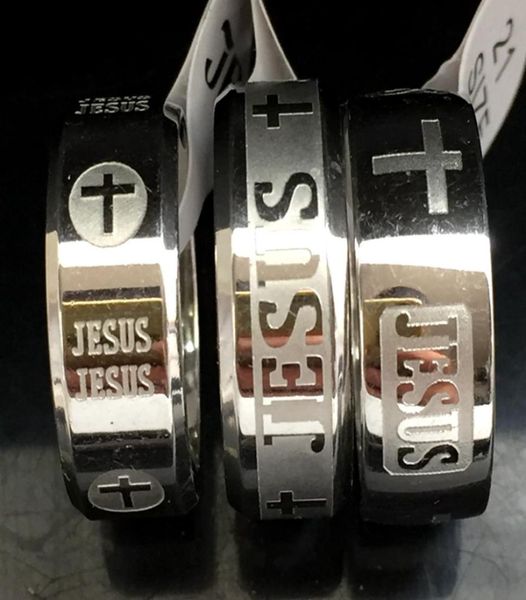 

30pcs mixed etched jesus silver rings mens engraved cross religious stainless steel ring comfort fit man ring wholesa4232440
