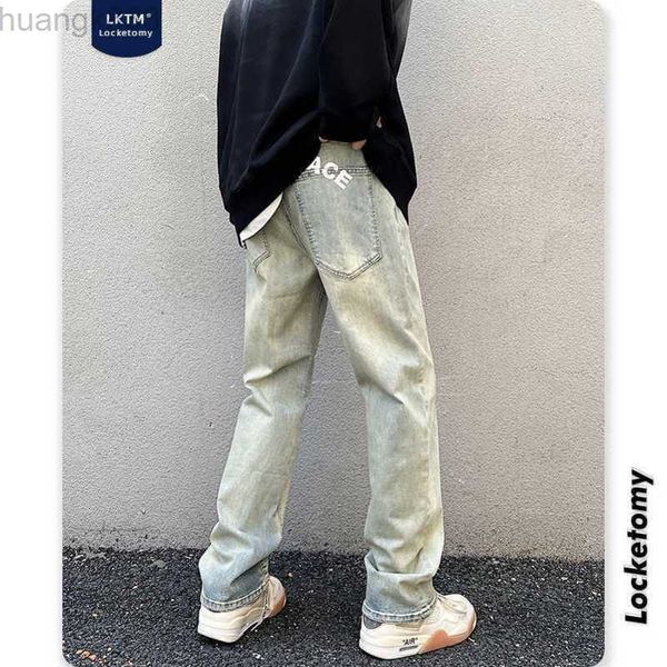 

jeans for menlktm men's wxw yellow mud dyed old wash printed jeans men's vibe high street fashion brand straight leg pants, Blue