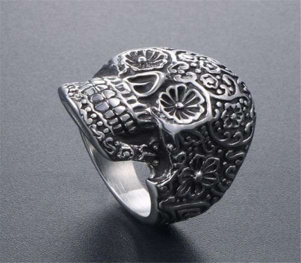 

punk gothic men stainless steel skull finger rings retro pattern korea trendy accessories vintage style ornaments 5778347405, Silver