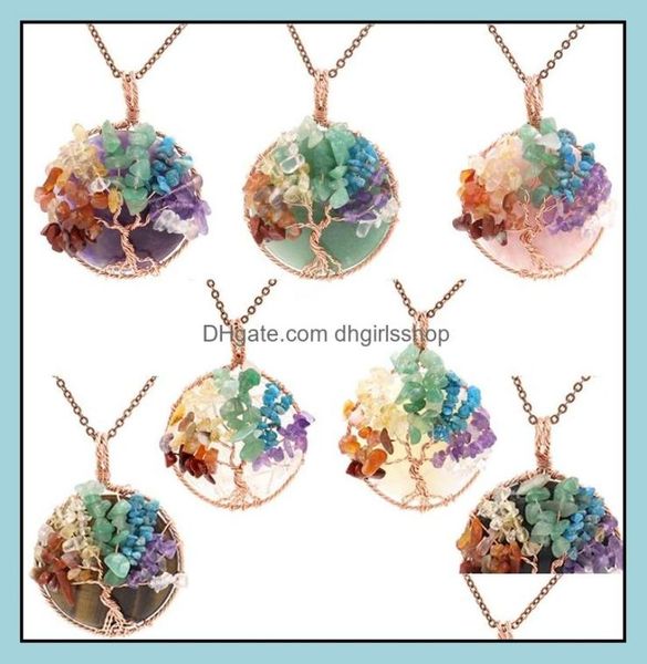 

pendant necklaces 7 chakra healing crystal natural round gemstone necklace tree of life copper wire wrapped reiki jewelry dhgirlss9540247, Silver