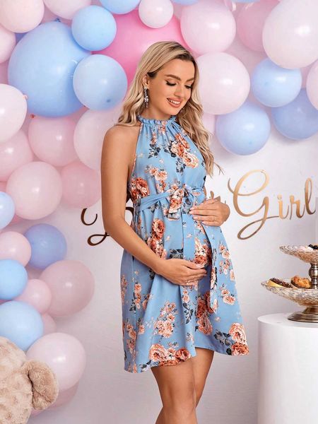 

women's maternity floral belted halter dress, Black;gray