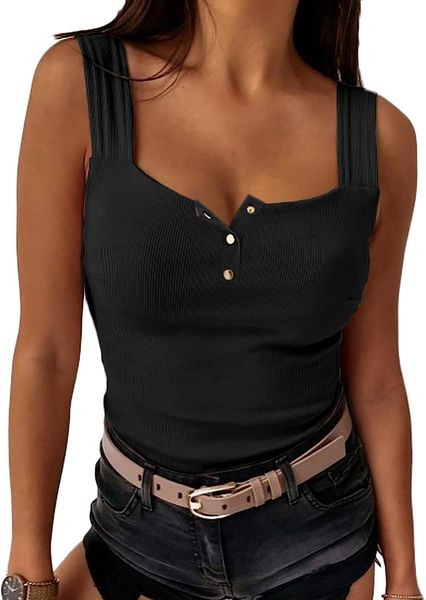 

womens low cut square neck tank casual thick strap summer solid top, White