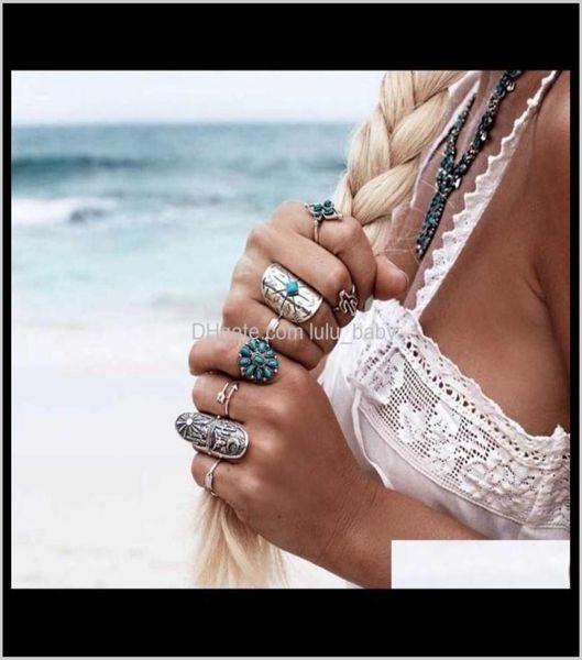 

bohemian knuckle 9 pcs set antique silver alloy turquoise arrow for girlsladies i9rb5 band rings ixs9s8034061