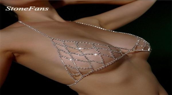 

stonefans bra chain crystal beach body jewelry shiny chest harness bikini body chain women necklace drop t2005086588043, Silver