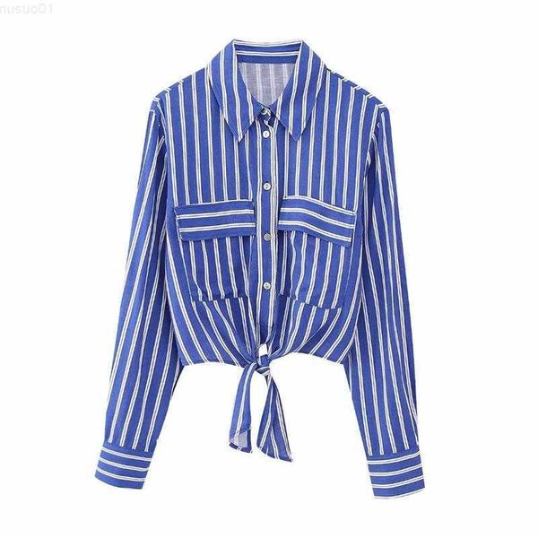 

women's blouses shirts blouses spring 2023 new fashion striped pocket decoration slim blue women shirt chic elegant short long sleeve s, White