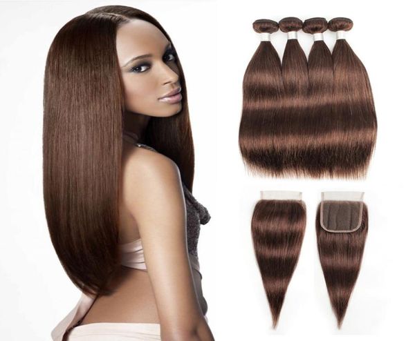 

4 chocolate brown human hair bundles with closure brazilian straight hair 34 bundles with 44 lace closure remy human hair exten7248821, Black;brown