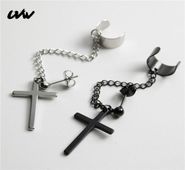 

stud uvw026 2pc trendy punk 316l ear cuff chain cross earrings for women cool boho piercing pendientes brincos8159645, Golden;silver