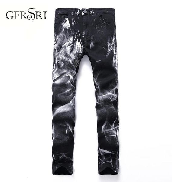 

gersri night club mens 3d printing jeans black wolf pattern printed punk slim straight cotton casual print denim pants plus size1379003, Blue