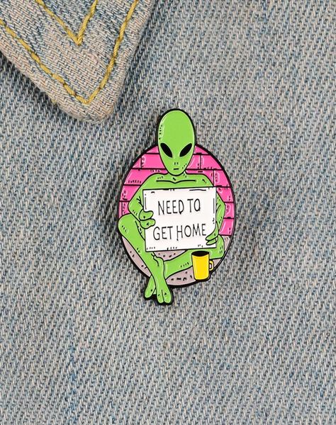 

alien green enamel pin brooches for women coffee cup badge hand holding paper need to get home lapel pin clothes backpack jewelry 5687561, Gray
