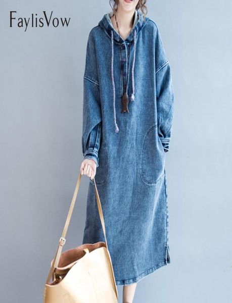 

oversize blue denim dress autumn winter women loose hoodie long sleeve maxi dresses with cap large size jeans pockets dress9025397, White;black