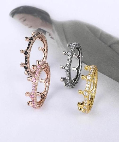 

18k rose gold yellow gold plated enchanted crown ring original box for pan 925 sterling silver cz diamond women wedding ring set w1871277