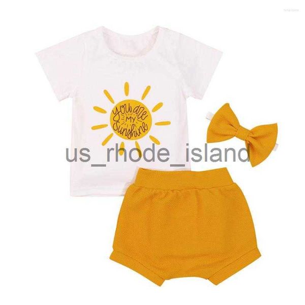 

clothing sets clothing sets infant kids suit 3pcs outfit set girls sun letter print o-neck short sleeve solid color shorts headband x0712, White