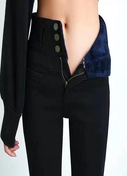 

winter warm velvet white jeans pants women high waist skinny stretchy slim mon black denim trousers 4xl5xl3464156, Blue
