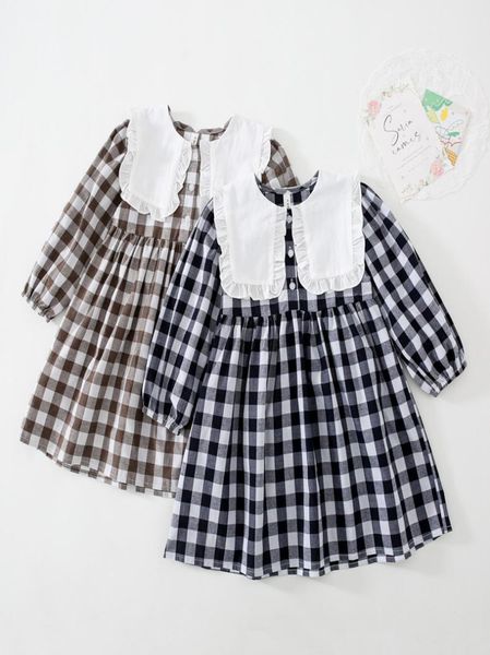 

2022 spirng girls plaid dress preppy style kids ruffle lapel long sleeve dresses children cotton lattice clothing a83725853243, Red;yellow