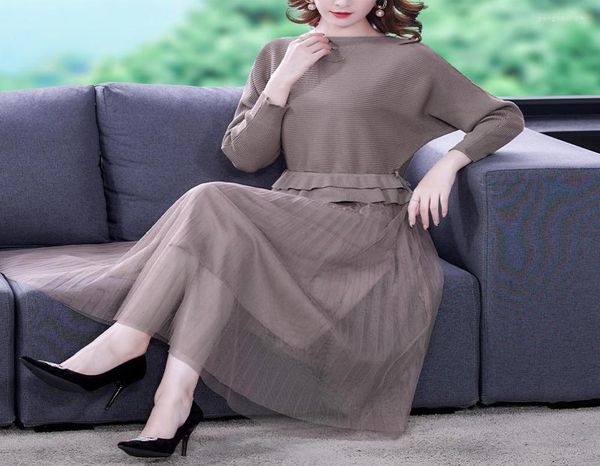 

casual dresses coigarsam autumn dress women spring 2022 french style knitting patchwork mesh high waist black light coffee color8456254, Black;gray