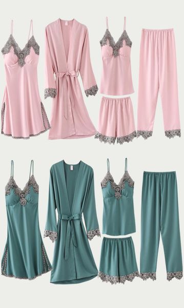 

spring women pajamas 5 pcs satin sleepwear pijama lace home wear clothing embroidery sleep pyjama with chest pads sy030105 dropshi7028008, Black;red