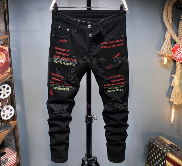 

european and american style black nail holes men039s jeans slim stretch letter embroidery denim pants pantalons pour hommes7381682, Blue