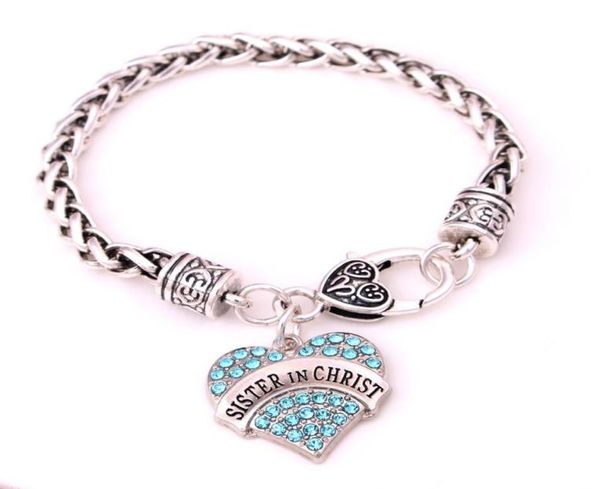 

new arrival zinc alloy studded with rhinestones crystal sister in christ heart pendant bracelet wheat chain trendy bracelet1681324, Golden;silver