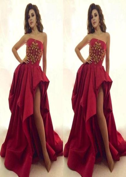 

myriam fares pageant evening dresses strapless beads appliques split side red carpet dresses party evening plus size formal prom g3035730, Black;red