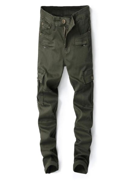 

2018 new mens skinny ripped biker jeans multi pockets zippers cargo pant army green men039s pleated casual long fashion slim je2372599, Blue