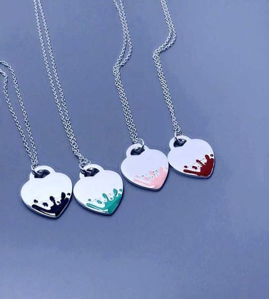 

women classic fashion s925 sterling silver blue pink black splash enamel heartshaped necklace luxury brand jewelry gift7476195, Golden;silver