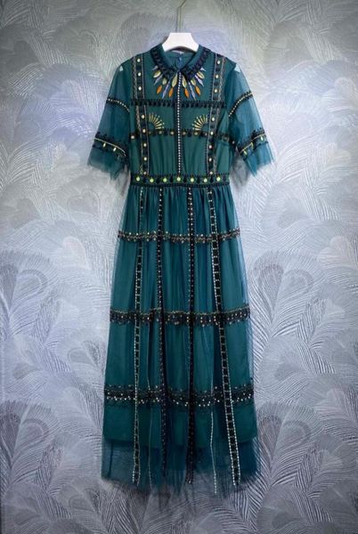 

spring and summer new lapel mesh embroidered long dress0125460326, Black;gray