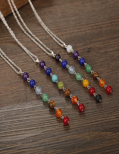 

7 yoga chakra stone beads pendant necklace reiki healing balancing necklaces for women fashion jewelry will and sandy drop ship7729752, Silver