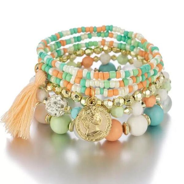 

tassel charm bracelets fashion beauty head coin rice beads beaded bangles women gifts colorful gold metal multilayer elastic stre7692176, Golden;silver