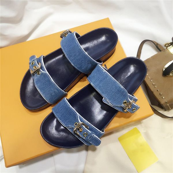 

designer luxury buckle denim bom dia flat mule with box quality, Black