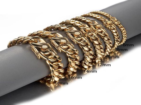 

gold color stainless steel miami curb cuban link chain bracelet bangle 711 inches customized length for men 81012141618mm1522883, White